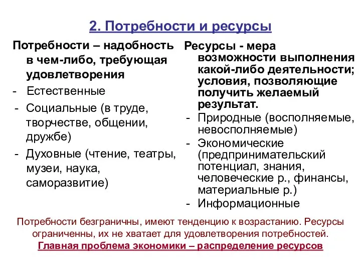 2. Потребности и ресурсы Потребности – надобность в чем-либо, требующая удовлетворения