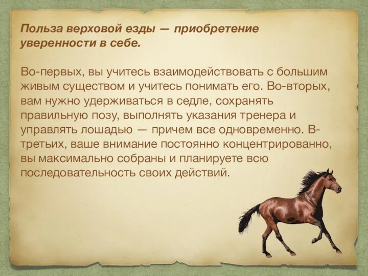 Польза верховой езды — приобретение уверенности в себе. Во-первых, вы учитесь