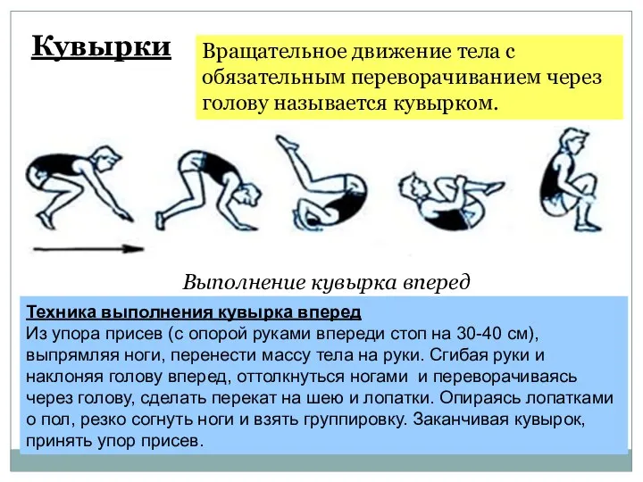 Кувырки Вращательное движение тела с обязательным переворачиванием через голову называется кувырком.