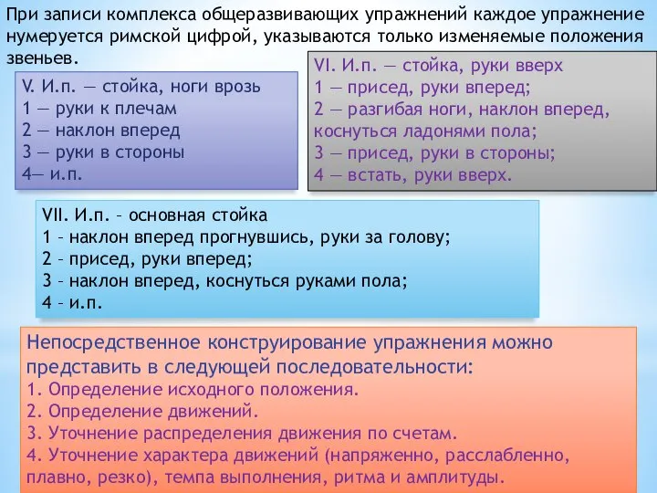 При записи комплекса общеразвивающих упражнений каждое упражнение нумеруется римской цифрой, указываются