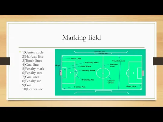 Marking field 1)Center circle 2)Halfway line 3)Touch lines 4)Goal line 5)Penalty