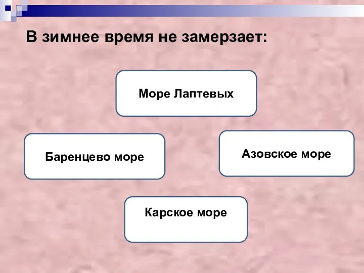 В зимнее время не замерзает: Баренцево море Море Лаптевых Азовское море Карское море