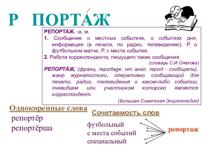 Р ПОРТАЖ Е РЕПОРТА́Ж, -а, м. 1. Сообщение о местных событиях,