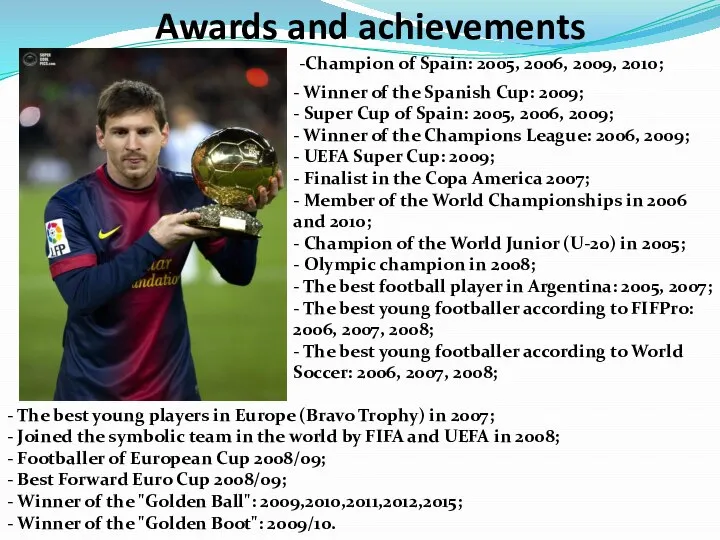 Awards and achievements -Champion of Spain: 2005, 2006, 2009, 2010; -