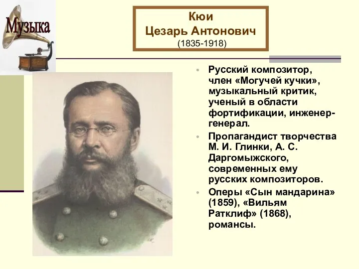 Кюи Цезарь Антонович (1835-1918) Русский композитор, член «Могучей кучки», музыкальный критик,
