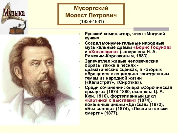 Мусоргский Модест Петрович (1839-1881) Русский композитор, член «Могучей кучки». Создал монументальные