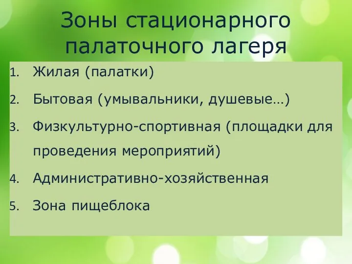 Зоны стационарного палаточного лагеря Жилая (палатки) Бытовая (умывальники, душевые…) Физкультурно-спортивная (площадки