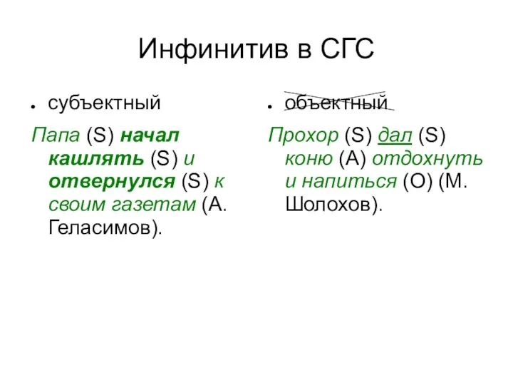 Инфинитив в СГС субъектный Папа (S) начал кашлять (S) и отвернулся