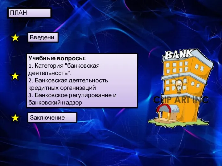 Заключение ПЛАН ЛЕКЦИИ Введение Учебные вопросы: 1. Категория "банковская деятельность". 2.