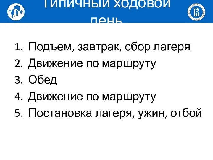 Подъем, завтрак, сбор лагеря Движение по маршруту Обед Движение по маршруту