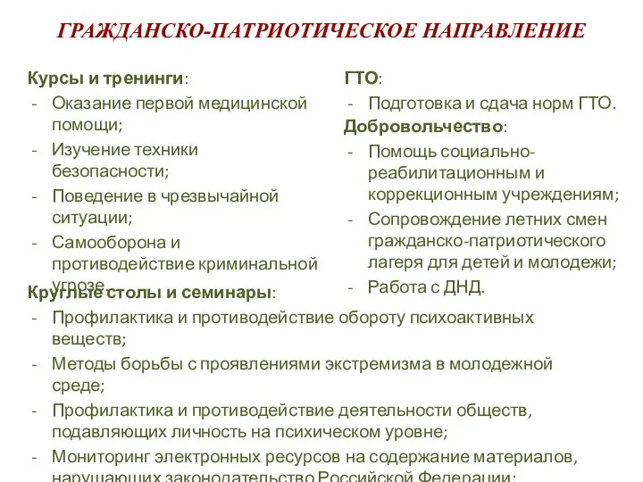 ГРАЖДАНСКО-ПАТРИОТИЧЕСКОЕ НАПРАВЛЕНИЕ Курсы и тренинги: Оказание первой медицинской помощи; Изучение техники