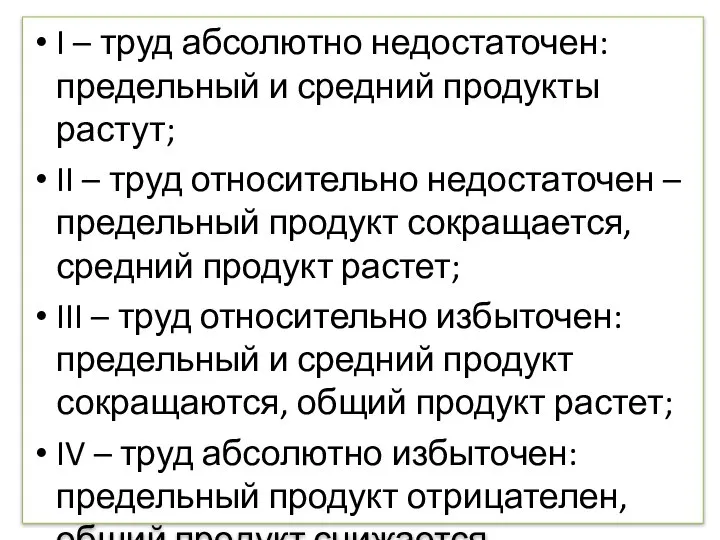 I – труд абсолютно недостаточен: предельный и средний продукты растут; II