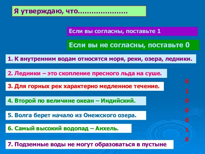 Я утверждаю, что…………………. Если вы согласны, поставьте 1 Если вы не