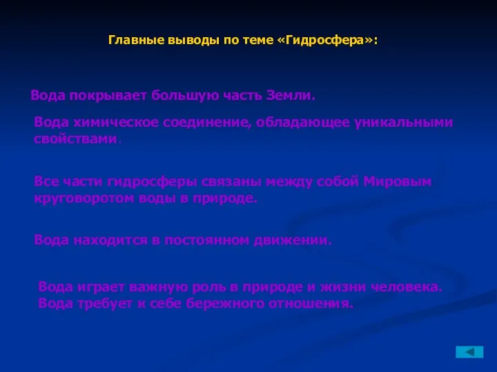 Главные выводы по теме «Гидросфера»: Вода покрывает большую часть Земли. Все