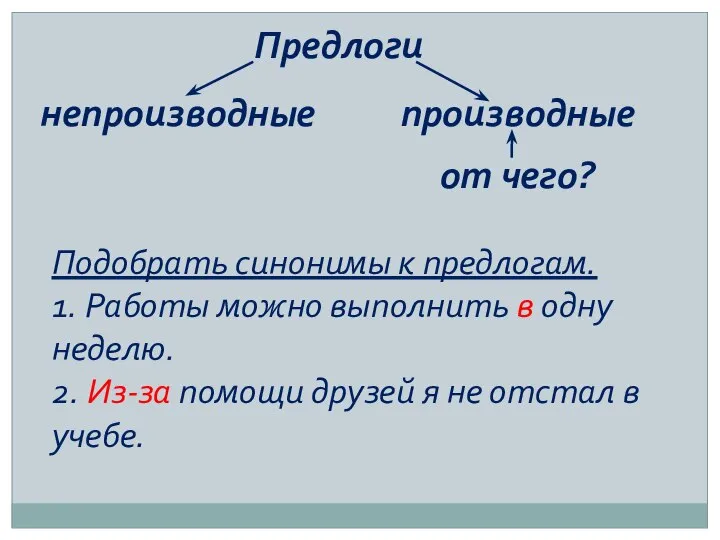 Предлоги непроизводные производные от чего? Подобрать синонимы к предлогам. 1. Работы