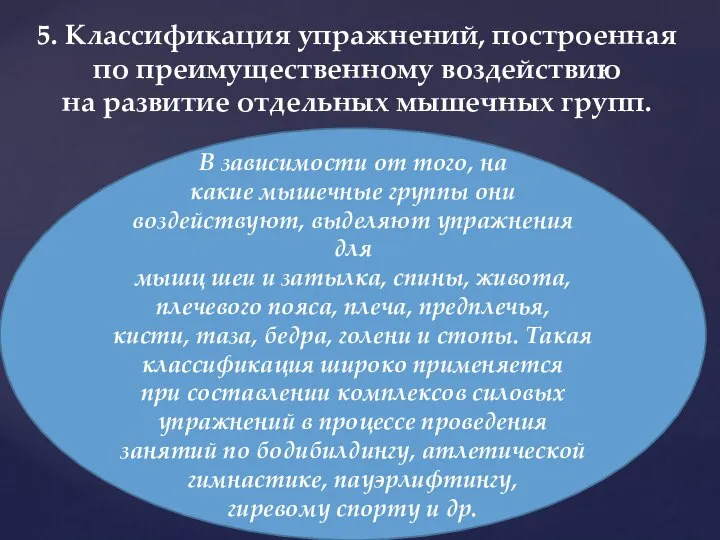 5. Классификация упражнений, построенная по преимущественному воздействию на развитие отдельных мышечных