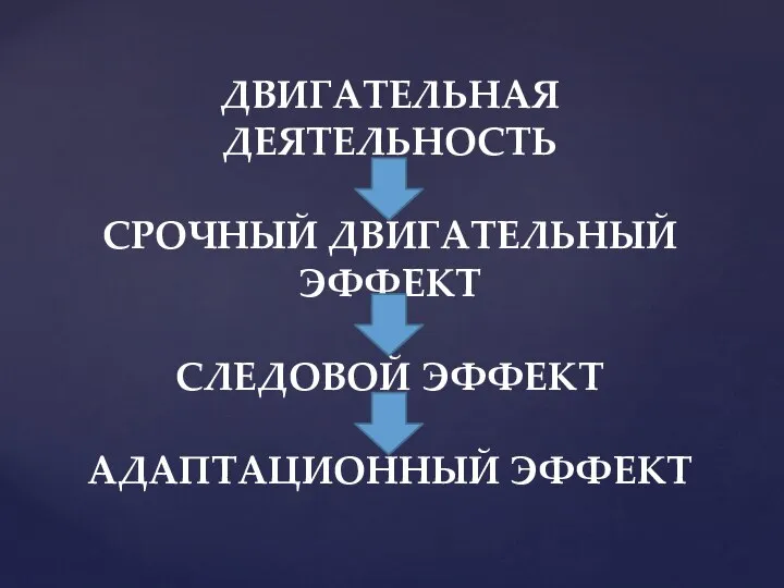 ДВИГАТЕЛЬНАЯ ДЕЯТЕЛЬНОСТЬ СРОЧНЫЙ ДВИГАТЕЛЬНЫЙ ЭФФЕКТ СЛЕДОВОЙ ЭФФЕКТ АДАПТАЦИОННЫЙ ЭФФЕКТ