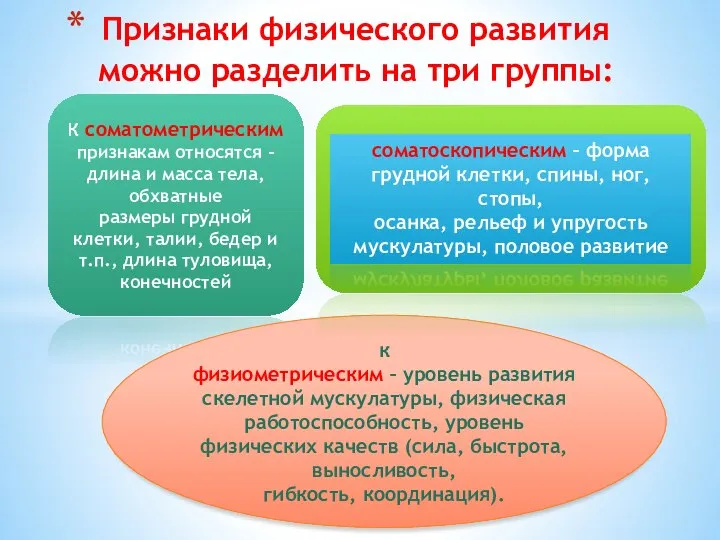 Признаки физического развития можно разделить на три группы: К соматометрическим признакам