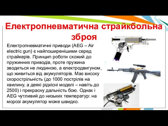 Електропневматична страйкбольна зброя Електропневматичні приводи (AEG – Air electric gun) є