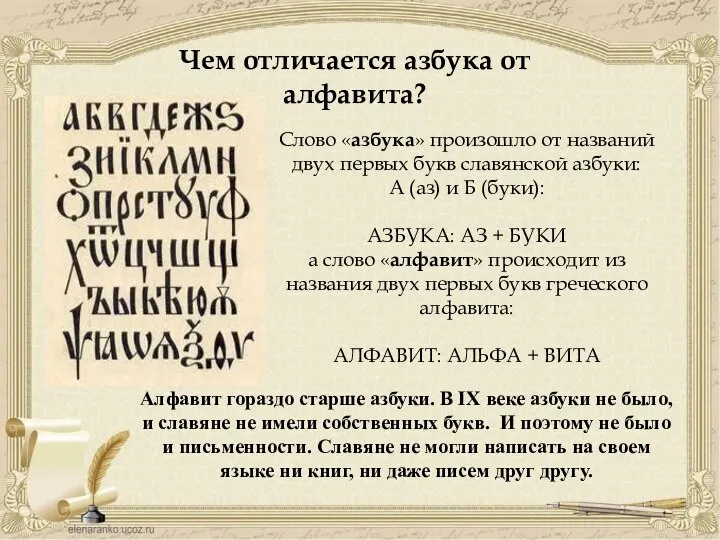 Чем отличается азбука от алфавита? Алфавит гораздо старше азбуки. В IX