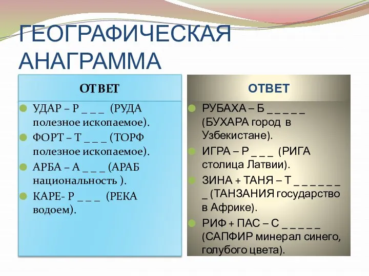 ГЕОГРАФИЧЕСКАЯ АНАГРАММА ОТВЕТ ОТВЕТ УДАР – Р _ _ _ (РУДА