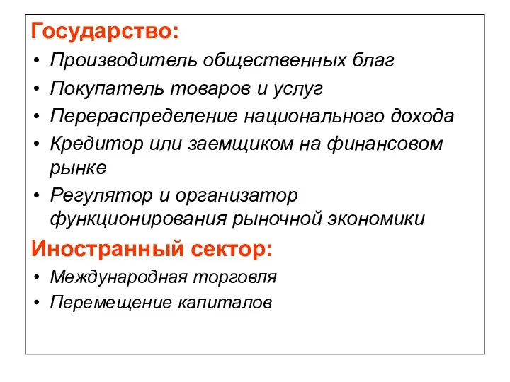 Государство: Производитель общественных благ Покупатель товаров и услуг Перераспределение национального дохода