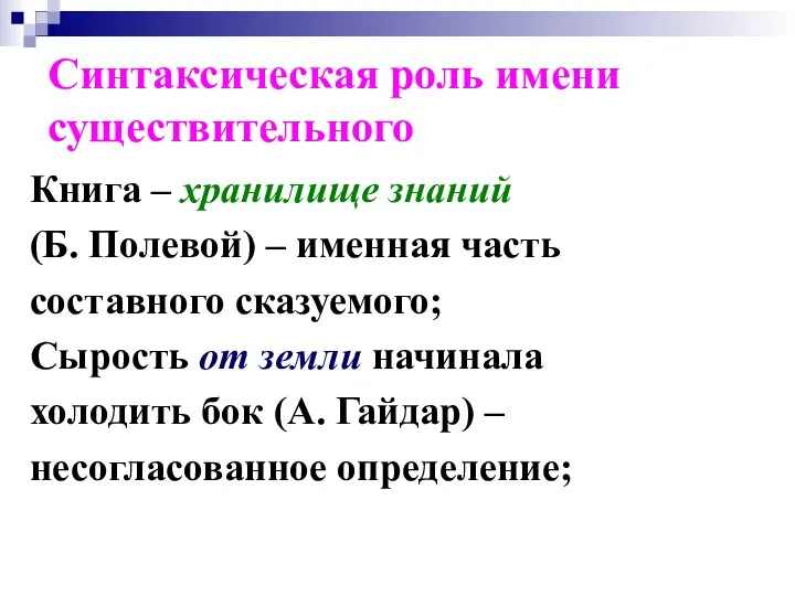 Синтаксическая роль имени существительного Книга – хранилище знаний (Б. Полевой) –