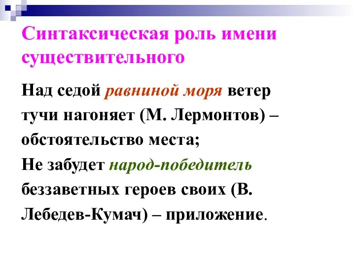 Синтаксическая роль имени существительного Над седой равниной моря ветер тучи нагоняет