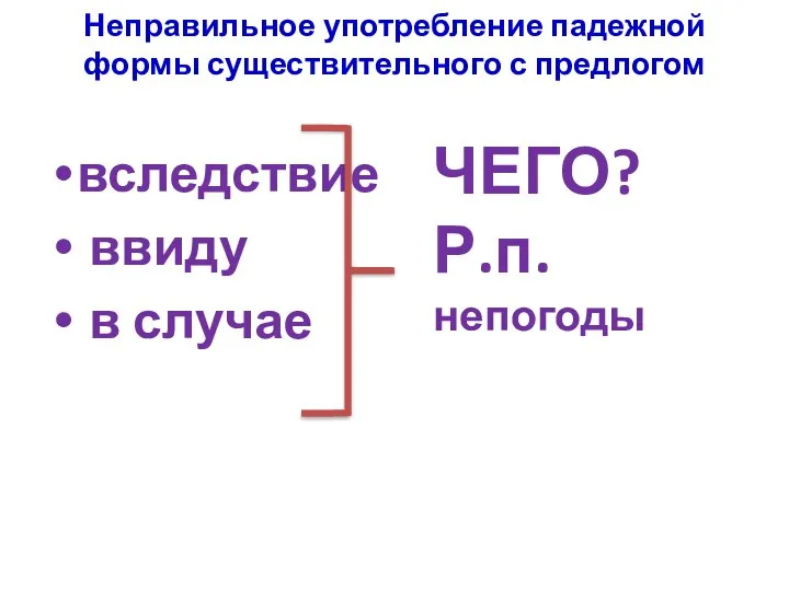 Неправильное употребление падежной формы существительного с предлогом вследствие ввиду в случае ЧЕГО? Р.п. непогоды