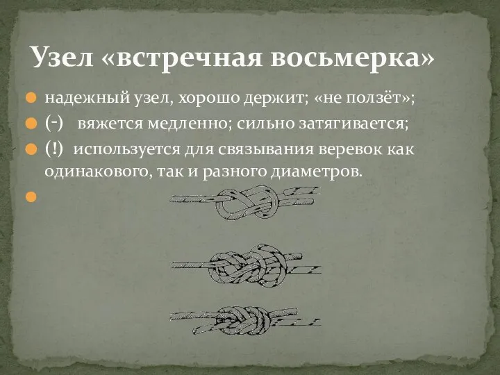 надежный узел, хорошо держит; «не ползёт»; (‑) вяжется медленно; сильно затягивается;