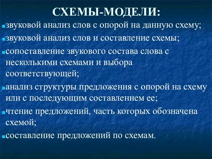 СХЕМЫ-МОДЕЛИ: звуковой анализ слов с опорой на данную схему; звуковой анализ