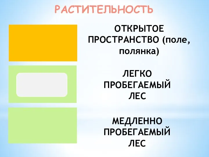 РАСТИТЕЛЬНОСТЬ ОТКРЫТОЕ ПРОСТРАНСТВО (поле, полянка) ЛЕГКО ПРОБЕГАЕМЫЙ ЛЕС МЕДЛЕННО ПРОБЕГАЕМЫЙ ЛЕС