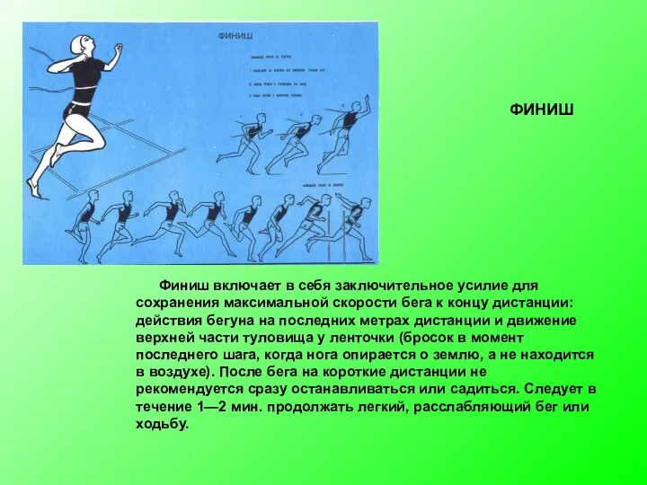 Финиш включает в себя заключительное усилие для сохране­ния максимальной скорости бега