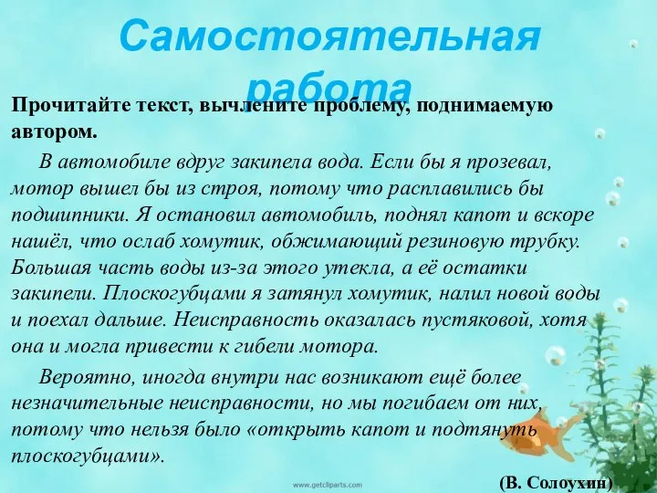 Самостоятельная работа Прочитайте текст, вычлените проблему, поднимаемую автором. В автомобиле вдруг