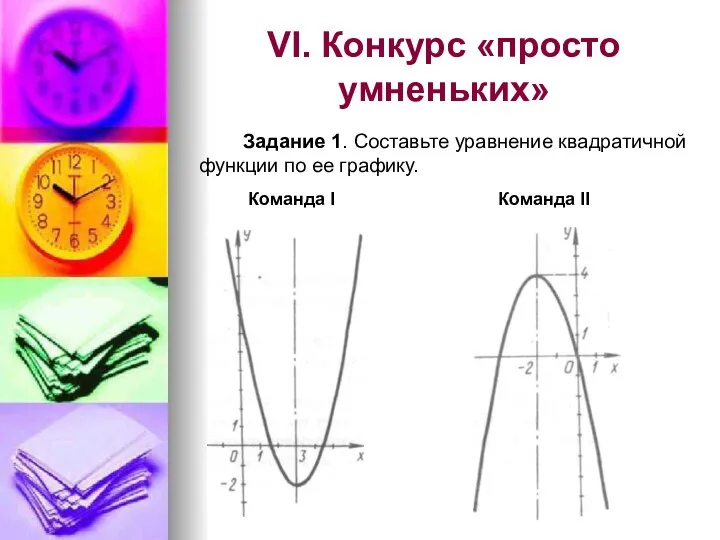 VI. Конкурс «просто умненьких» Задание 1. Составьте уравнение квадратичной функ­ции по