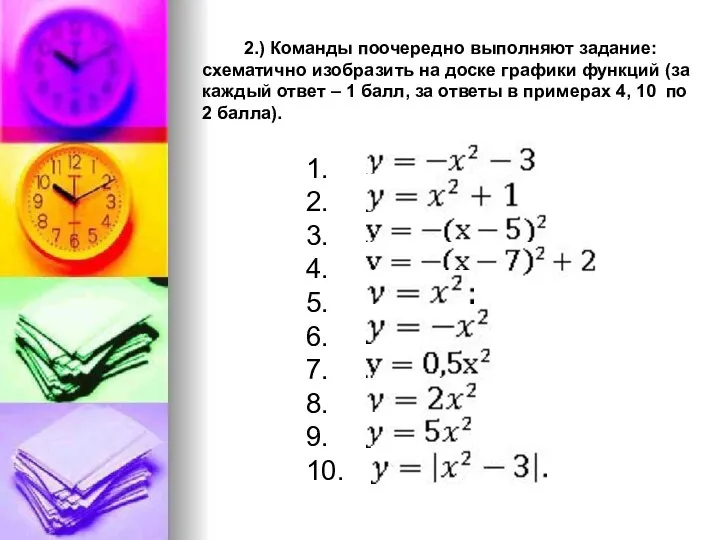 2.) Команды поочередно выполняют задание: схематично изобразить на доске графики функций