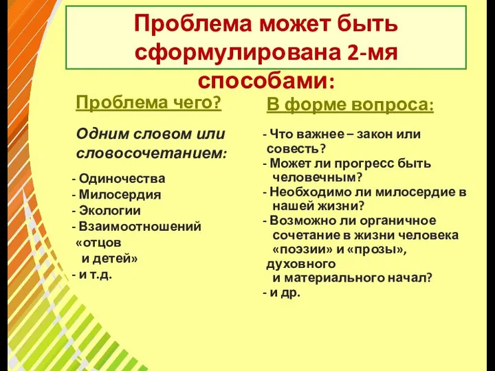 Проблема может быть сформулирована 2-мя способами: Проблема чего? Одним словом или