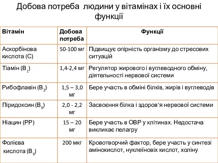 Добова потреба людини у вітамінах і їх основні функції