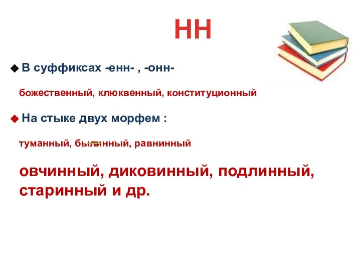 НН В суффиксах -енн- , -онн- божественный, клюквенный, конституционный На стыке