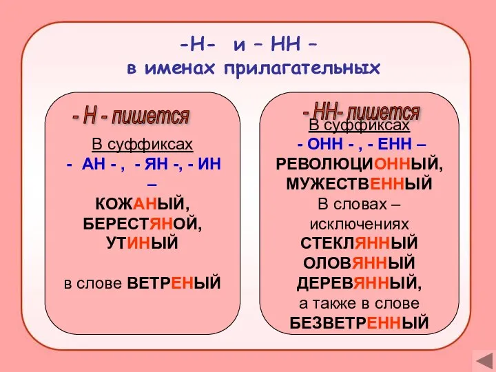 Н- и – НН – в именах прилагательных В суффиксах АН