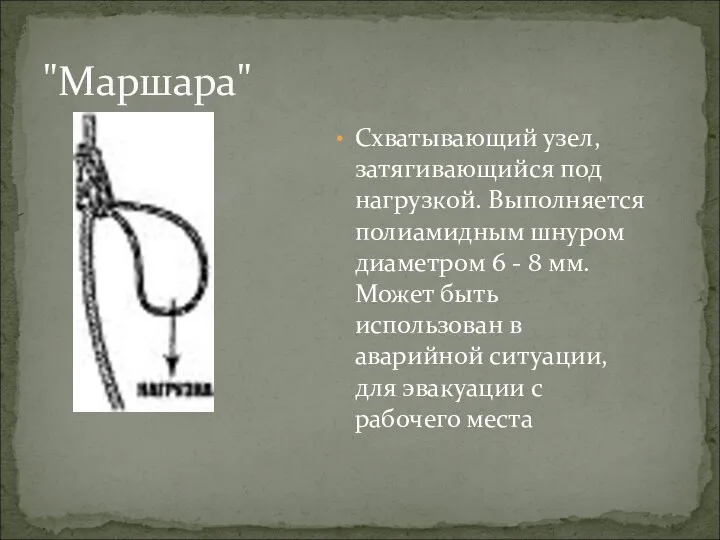 Схватывающий узел, затягивающийся под нагрузкой. Выполняется полиамидным шнуром диаметром 6 -