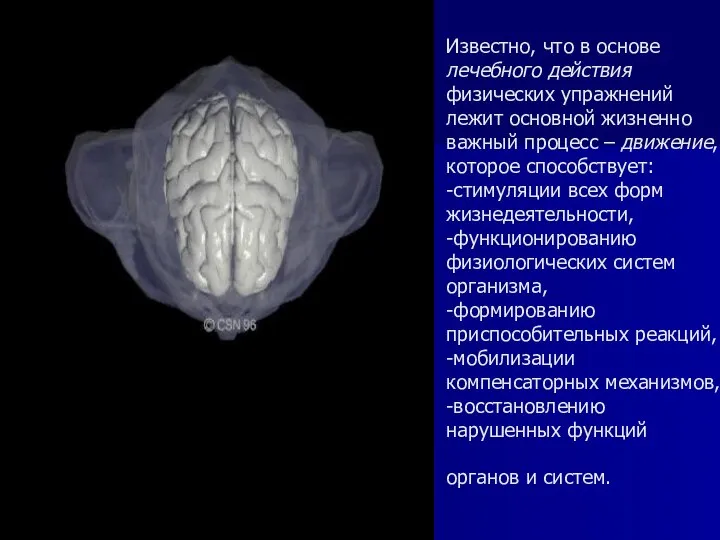 Известно, что в основе лечебного действия физических упражнений лежит основной жизненно