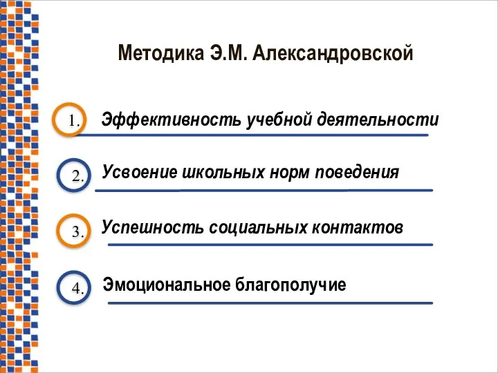 Методика Э.М. Александровской 1. Эффективность учебной деятельности 2. 4. 3. Усвоение