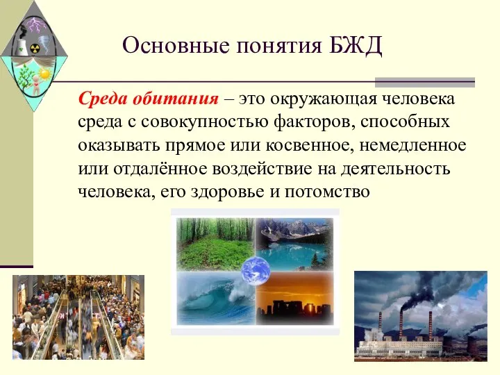 Основные понятия БЖД Среда обитания – это окружающая человека среда с