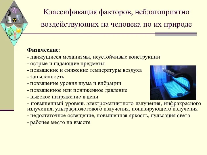 Классификация факторов, неблагоприятно воздействующих на человека по их природе Физические: -