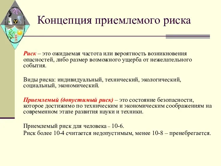 Концепция приемлемого риска Риск – это ожидаемая частота или вероятность возникновения