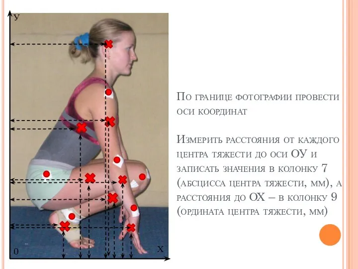 По границе фотографии провести оси координат Измерить расстояния от каждого центра