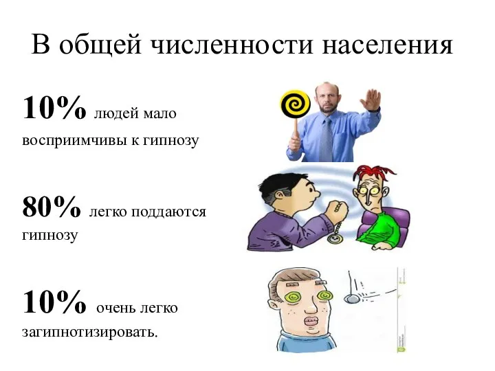 В общей численности населения 10% людей мало восприимчивы к гипнозу 80%