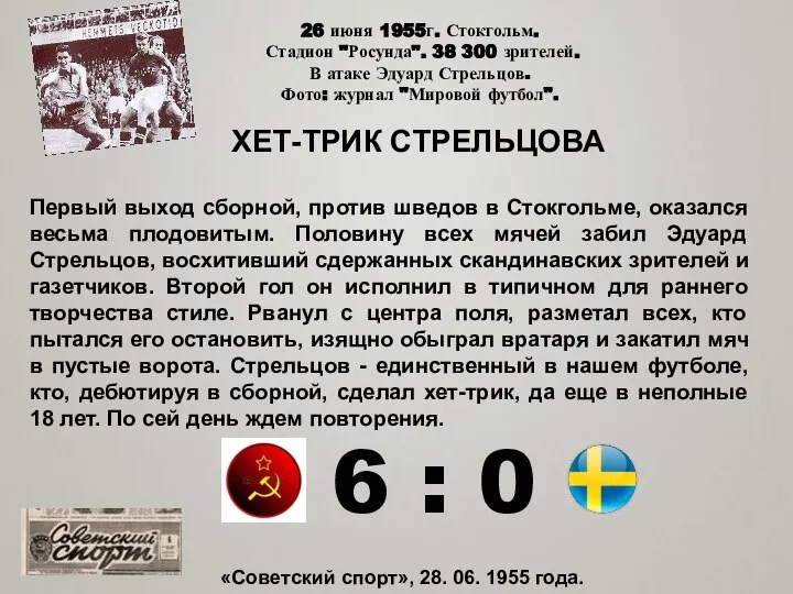 26 июня 1955г. Стокгольм. Стадион "Росунда". 38 300 зрителей. В атаке