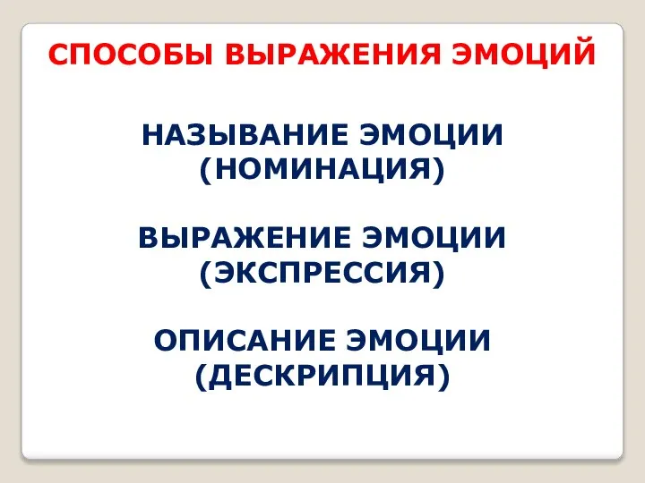 СПОСОБЫ ВЫРАЖЕНИЯ ЭМОЦИЙ НАЗЫВАНИЕ ЭМОЦИИ (НОМИНАЦИЯ) ВЫРАЖЕНИЕ ЭМОЦИИ (ЭКСПРЕССИЯ) ОПИСАНИЕ ЭМОЦИИ (ДЕСКРИПЦИЯ)